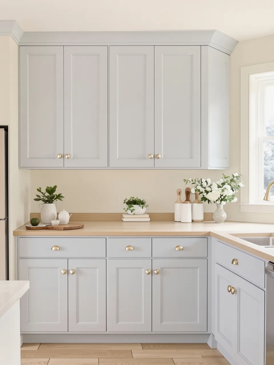 Kitchen cabinets finished in a soft blue-grey