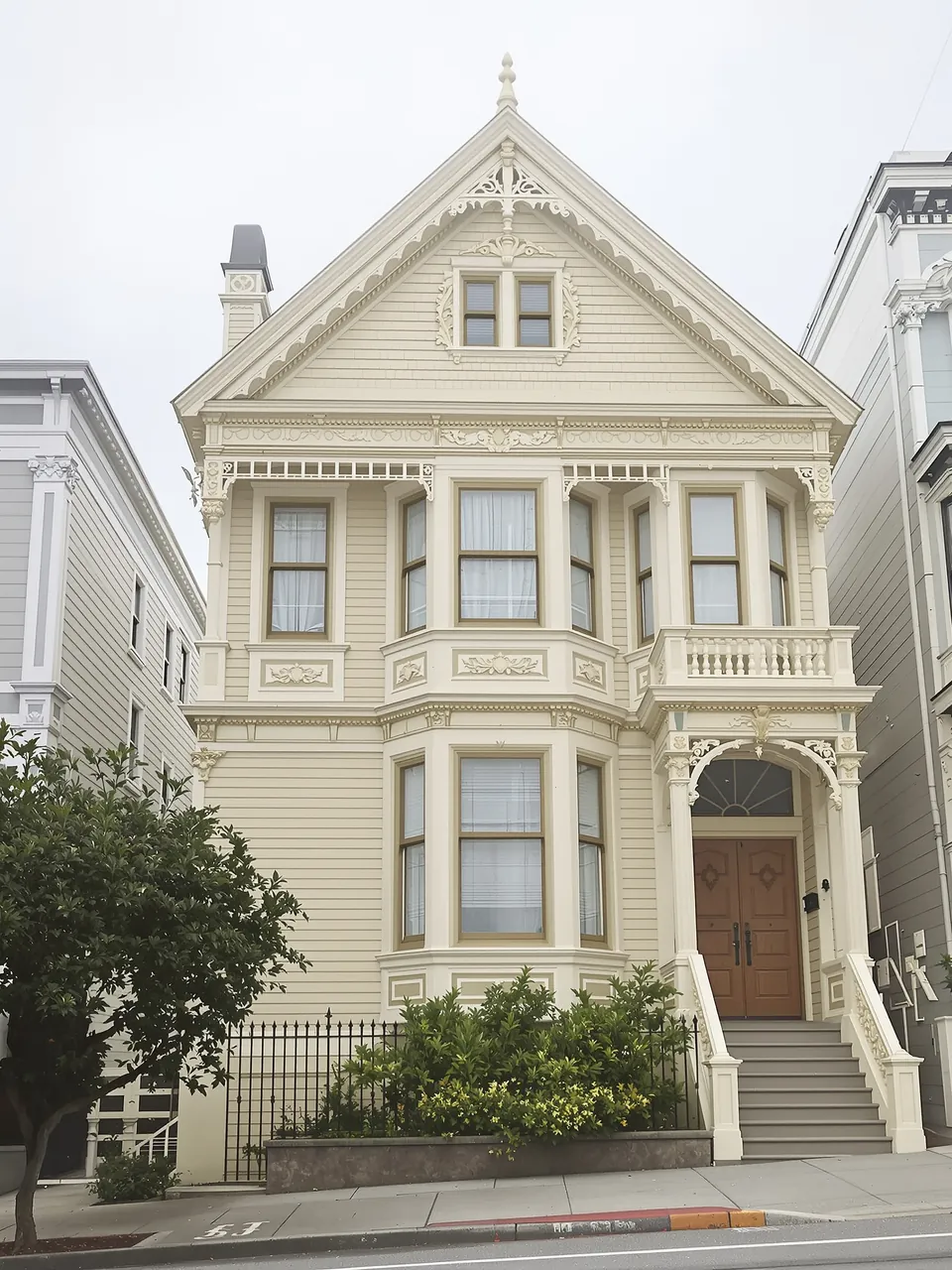 Cream Victorian house front in soft fog