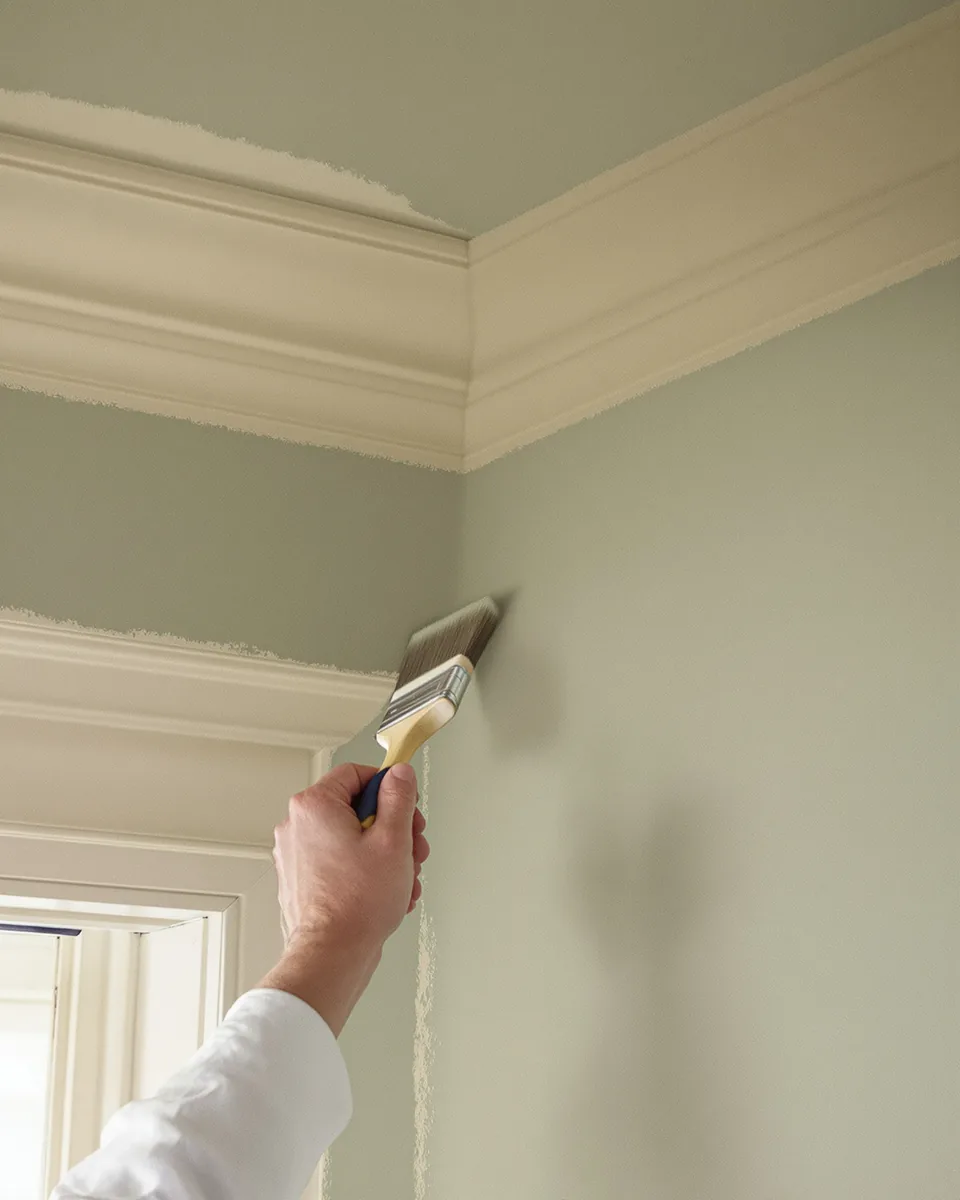 An angled sash brush cutting a straight line of sage-green paint against cream crown moulding
