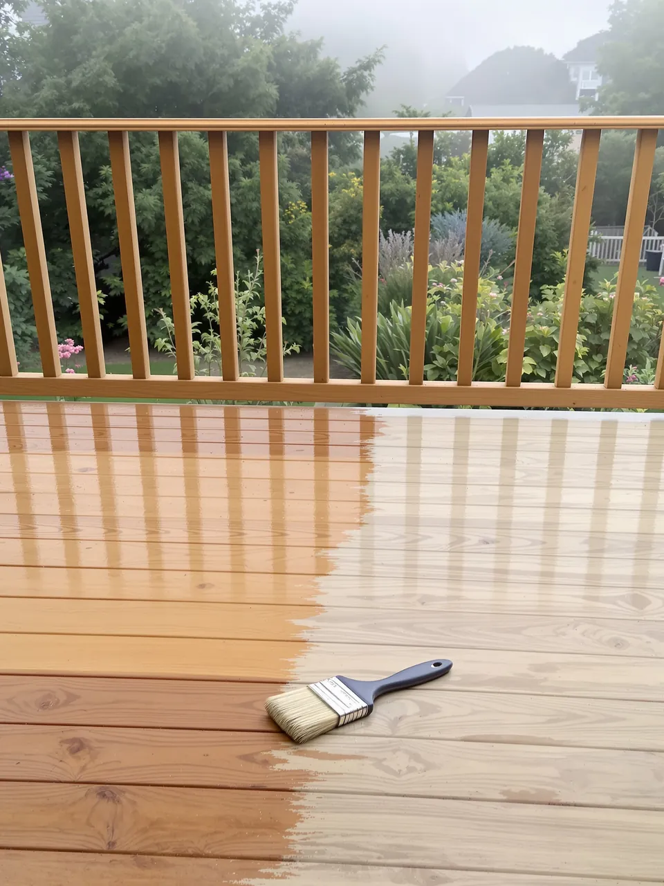 Deck boards half-way through a honey stain, brush resting on the wood